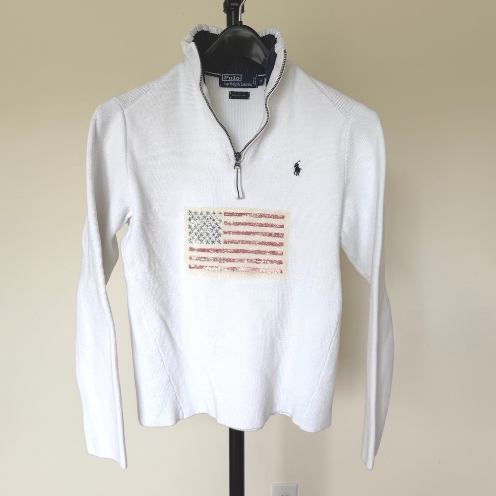 90's Polo Ralph Lauren White Cotton Quarter Zip Custom American Flag Sweater M - Picture 2 of 7